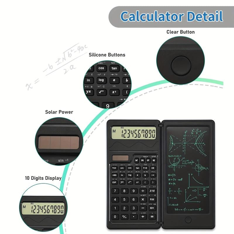 Scientific Calculator, 1 Count 10-Digit LCD Display Foldable Calculator with Handwriting Board, Solar & Battery Dual Power Supply Calculator for Teacher, Engineer